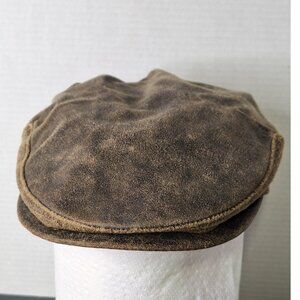Vintage Distressed Leather Newsboy Cap Size Small BRONER Made In The USA